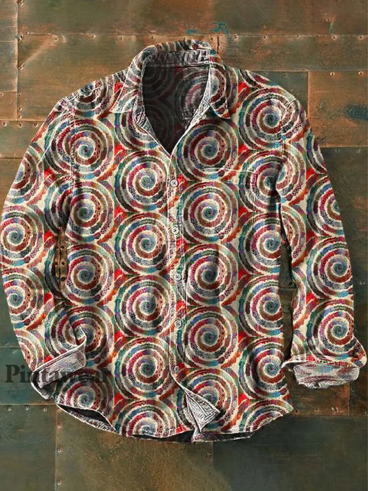 Camisa de manga larga de solapa casual de impresión abstracta retro de los hombres como imagen / S