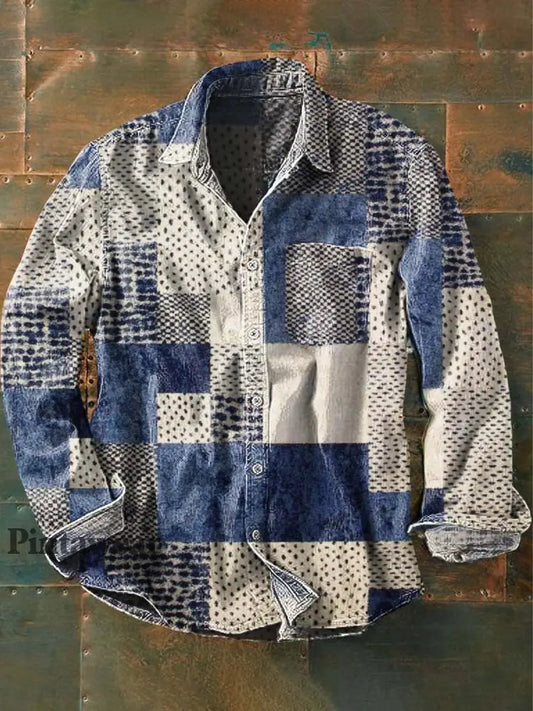 Camisa de manga larga de solapa casual de impresión de bloque de color irregular retro de los hombres como imagen / S