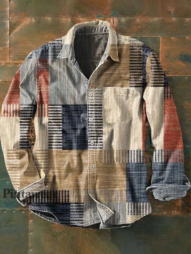 Camisa de manga larga de solapa casual de impresión de bloque de color irregular retro de los hombres como imagen / S