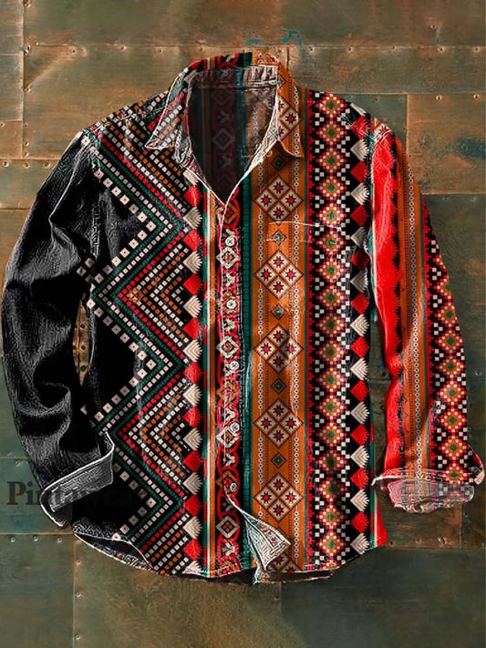 Camisa de manga larga de solapa casual de impresión étnica retro de los hombres como imagen / S