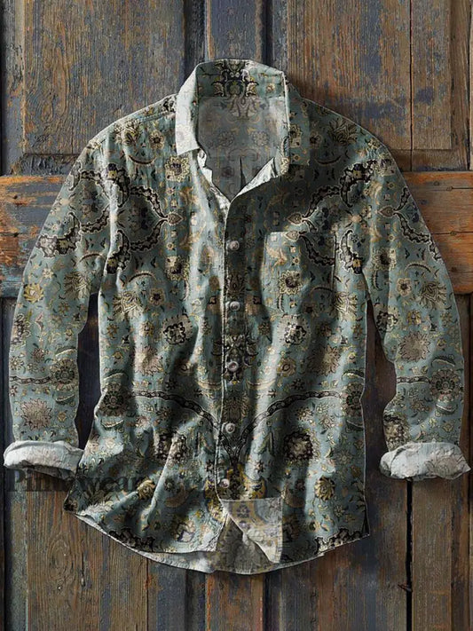 Camisa de manga larga de solapa casual de impresión étnica retro de los hombres como imagen / S Camisas