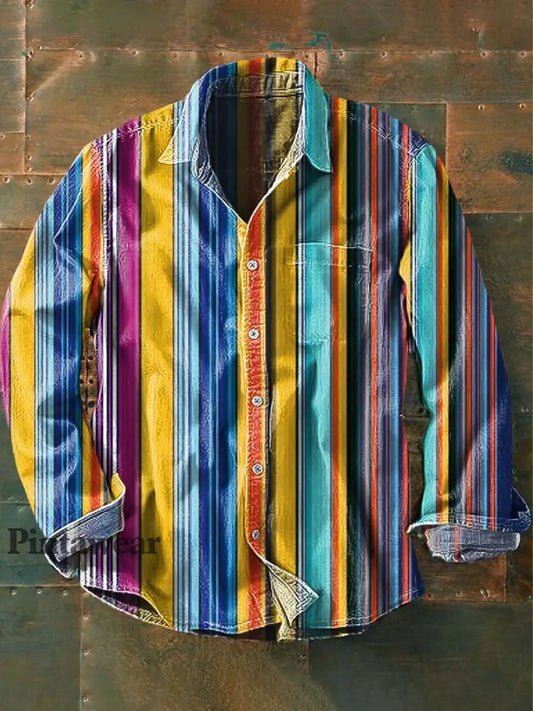 Camisa de manga larga de solapa casual de rayas de estilo occidental vintage para hombres como imagen / S