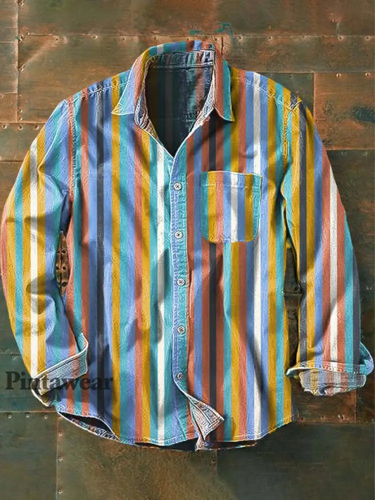 Camisa de manga larga de solapa casual de rayas de estilo occidental vintage para hombres como imagen / S