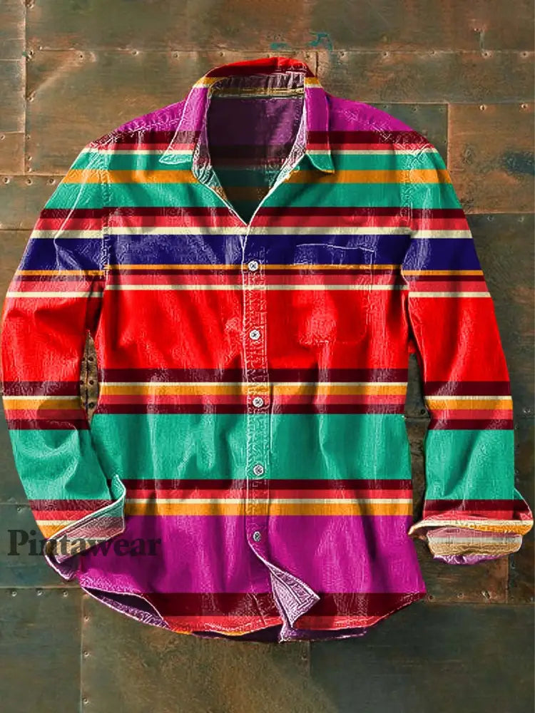 Camisa de manga larga de solapa casual de rayas de estilo occidental vintage para hombres como imagen / S
