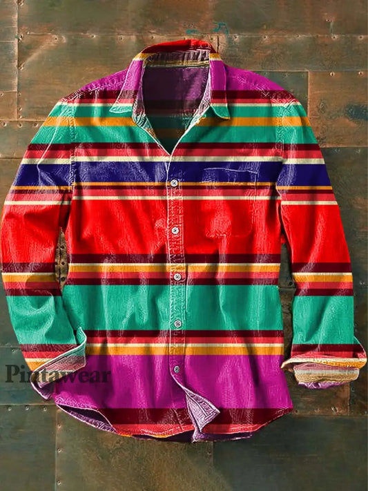 Camisa de manga larga de solapa casual de rayas de estilo occidental vintage para hombres como imagen / S