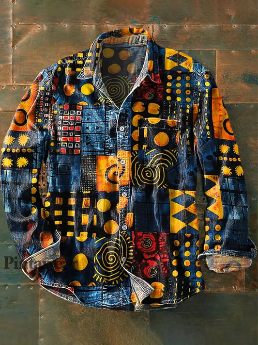 Camisa de manga larga de solapa de impresión de arte geométrico irregular colorido vintage de los hombres colorido / S