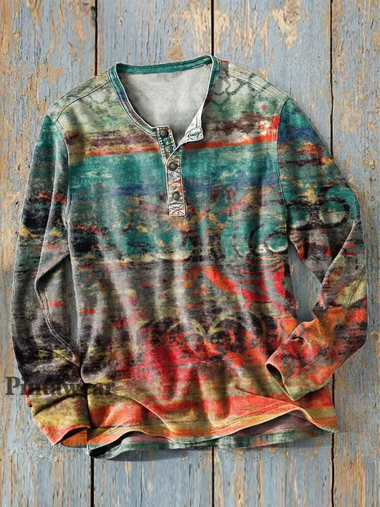 Camisa Henley de manga larga con estampado de arte étnico abstracto retro para hombre colorido / S Camiseta