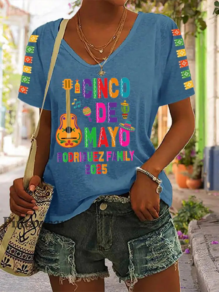 Camiseta Casual Cinco De Mayo 2025 para mujer Azul / S