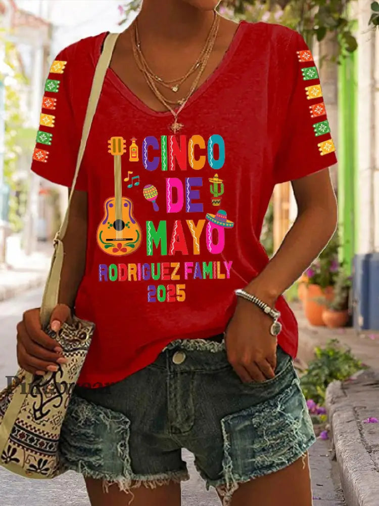 Camiseta Casual Cinco De Mayo 2025 para mujer Rojo / S