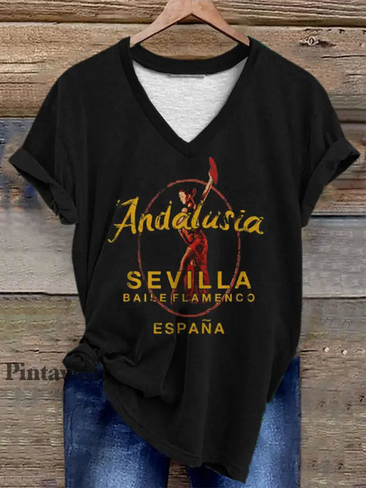 Camiseta de manga corta para mujer bailarina de flamenco española negro / S