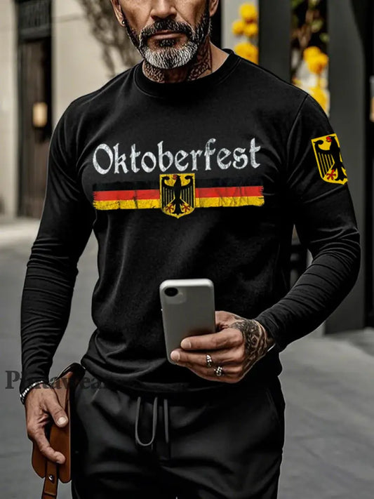 Camiseta de manga larga con estampado Oktoberfest alemán para hombre negro / S