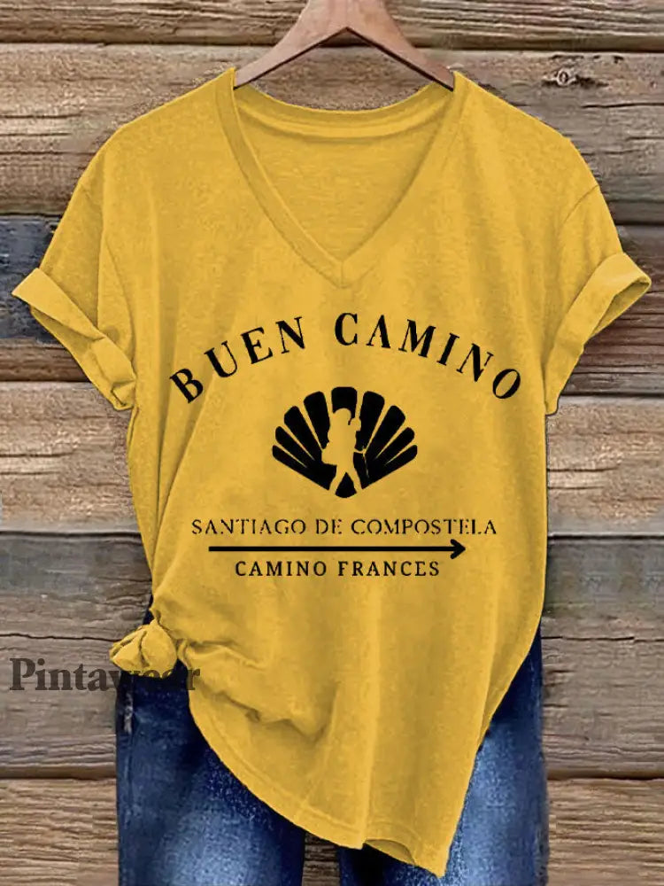 Camiseta estampada España Fe Peregrinación a Santiago para mujer Amarillo / S