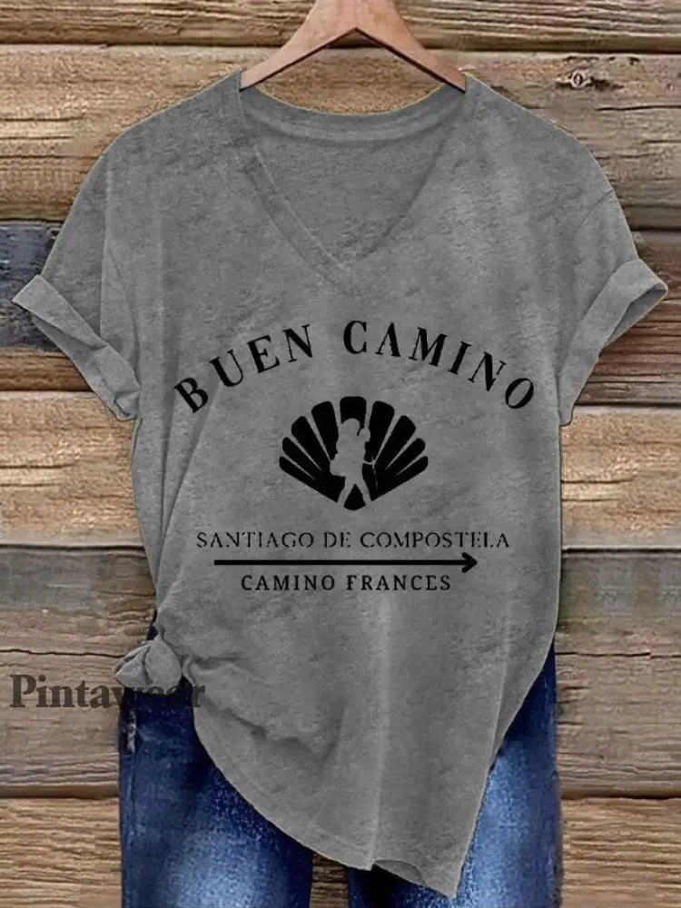 Camiseta estampada España Fe Peregrinación a Santiago para mujer Gris claro / S