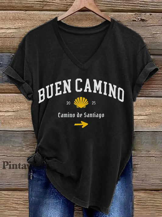 Camiseta estampada España Fe Peregrinación a Santiago para mujer negro / S