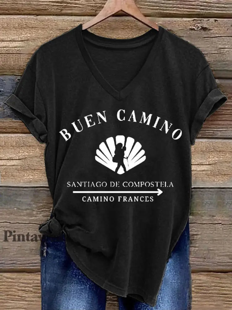 Camiseta estampada España Fe Peregrinación a Santiago para mujer Negro / S