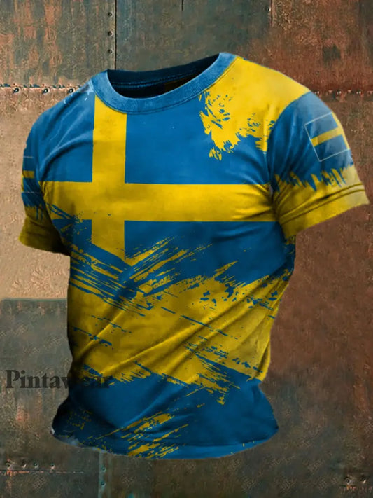 Camiseta impresa Suecia de los hombres azul / S