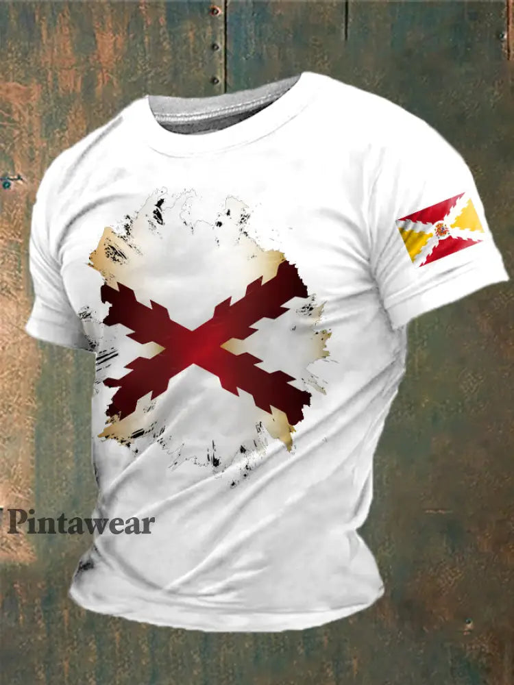 Cruz de España de los hombres de Borgoña Impreso Camiseta blanco / S
