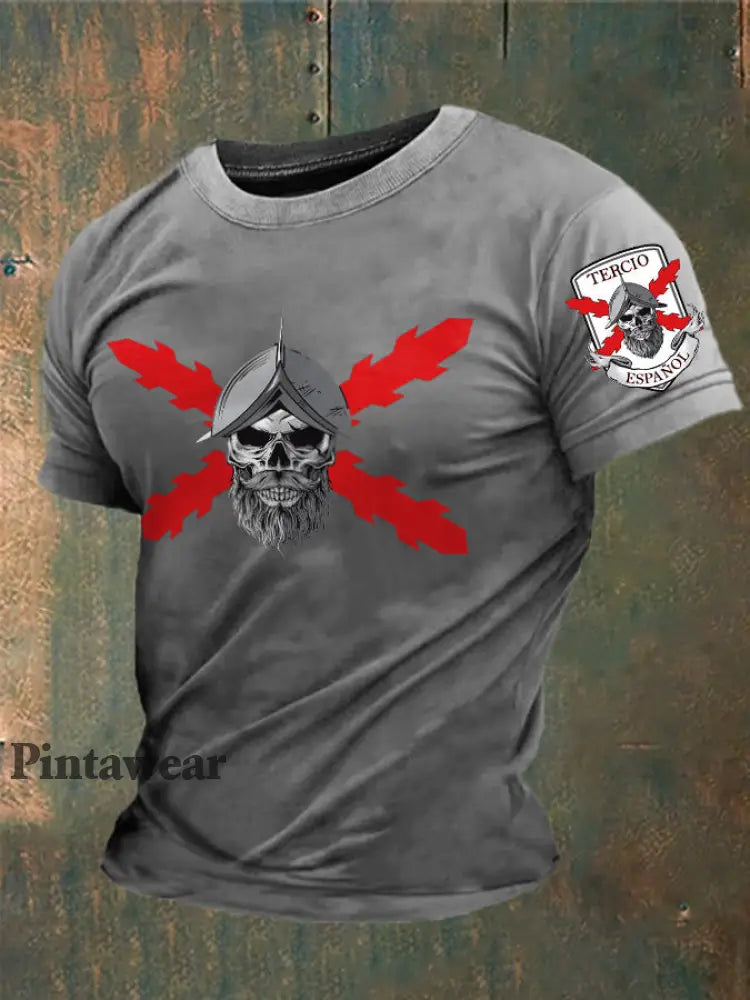 Cruz de España de los hombres de Borgoña Impreso Camiseta gris claro / S