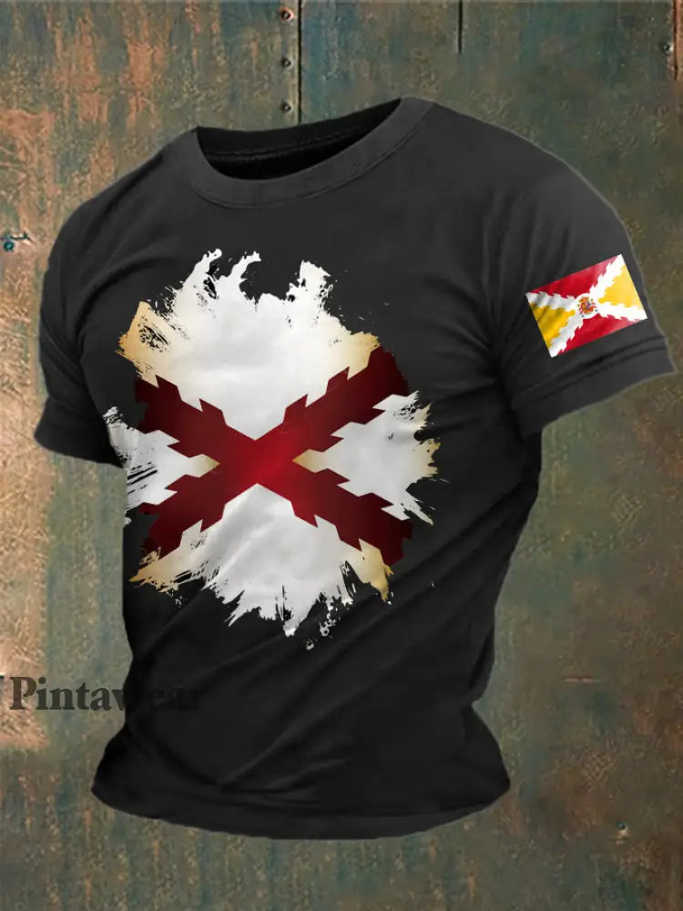Cruz de España de los hombres de Borgoña Impreso Camiseta negro / S