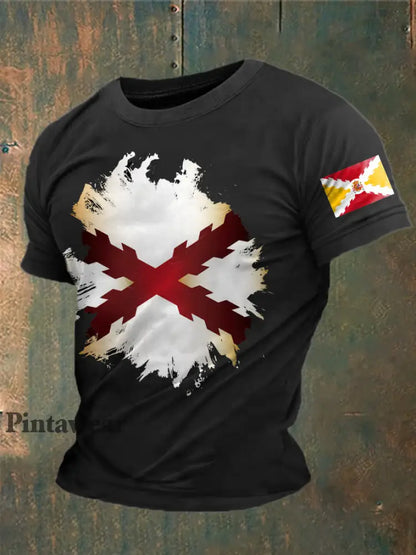 Cruz de España de los hombres de Borgoña Impreso Camiseta negro / S
