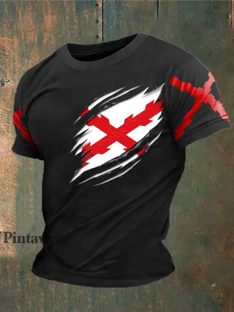 Cruz de España de los hombres de Borgoña Impreso Camiseta negro / S
