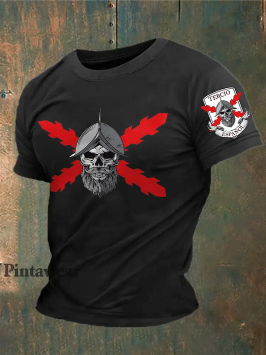Cruz de España de los hombres de Borgoña Impreso Camiseta negro / S