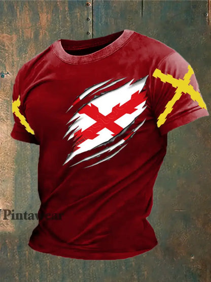 Cruz de España de los hombres de Borgoña Impreso Camiseta rojo / S