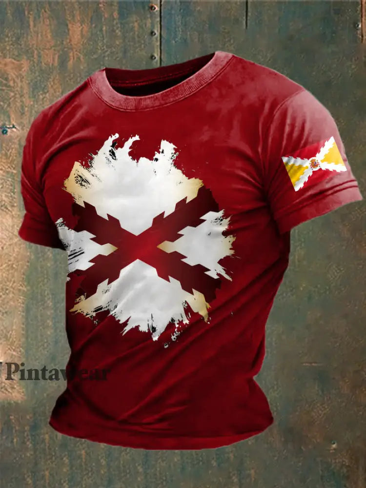 Cruz de España de los hombres de Borgoña Impreso Camiseta rojo / S