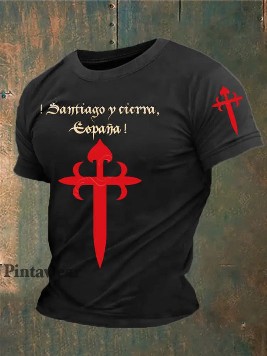 Cruz de la fe de España de los hombres de Santiago Impreso camiseta negro / S