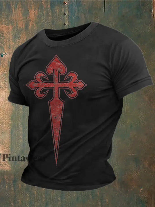 Cruz de la fe de España de los hombres de Santiago Impreso camiseta negro / S