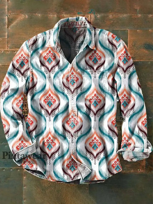 Estilo occidental de los hombres impreso casual solapa de manga larga Camisa como imagen / S