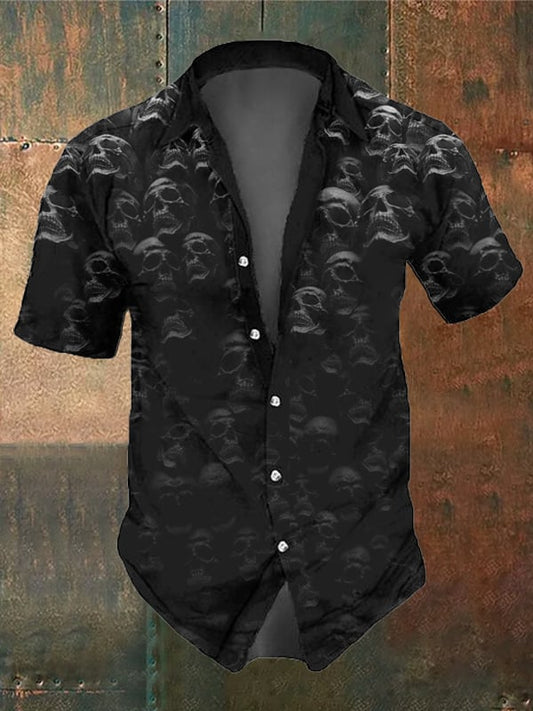 Camisa casual retro con calavera oscura y bolsillo para hombre