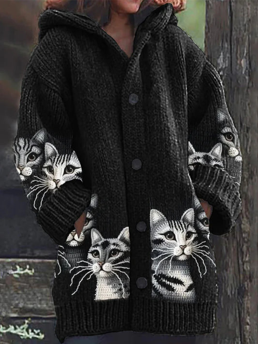 Gato Crochet Art Cozy Cardigan de punto con capucha para mujer