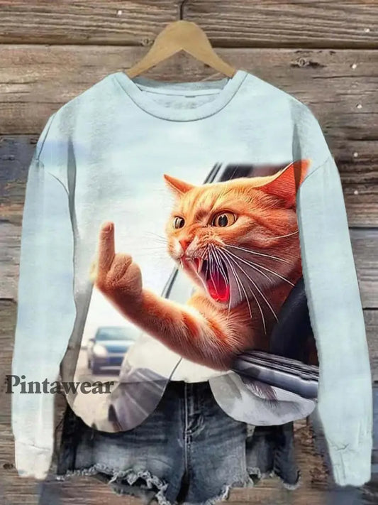 Funny Angry Cat Art Print Casaul Sudadera de manga larga azul / S