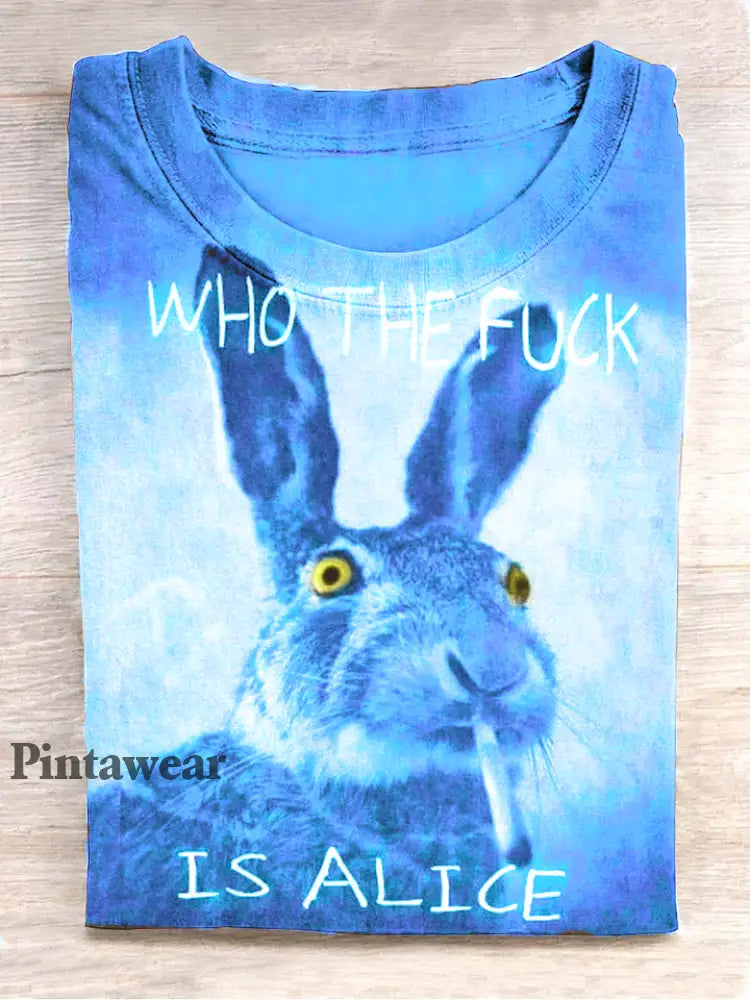Funny Cute Bunny Smoking Print Camiseta casual de manga corta azul claro / S