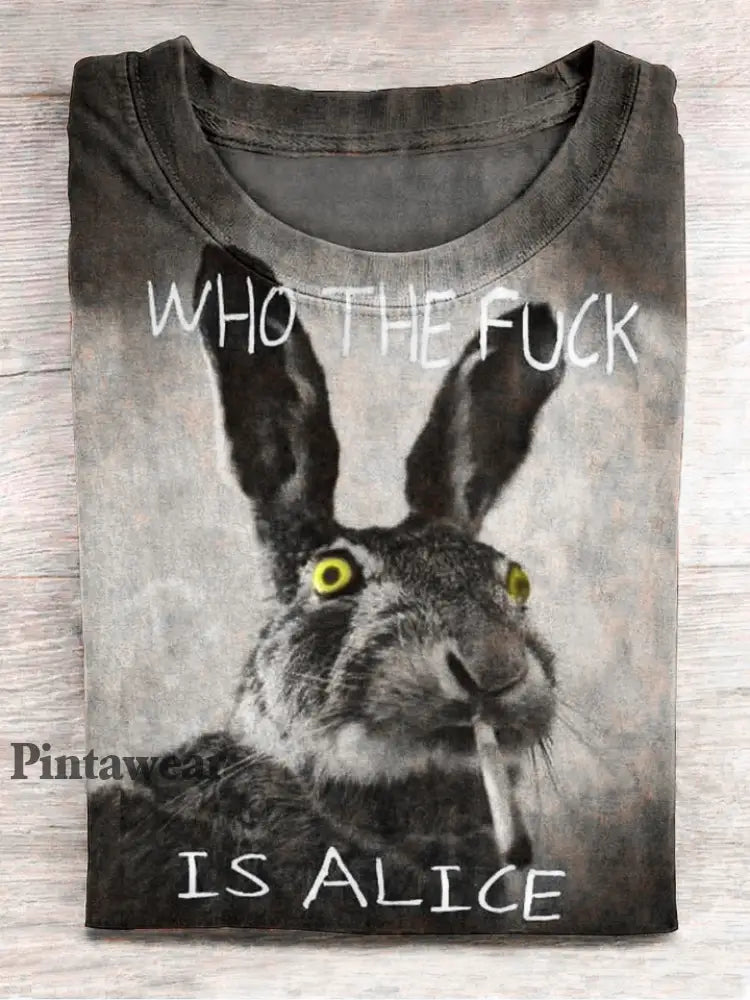 Funny Cute Bunny Smoking Print Camiseta casual de manga corta negro / S