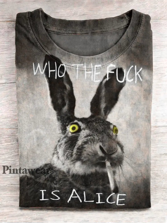 Funny Cute Bunny Smoking Print Camiseta casual de manga corta negro / S