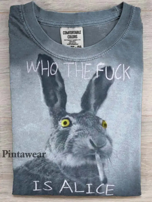 Funny Text Bunny Smoking Print Camiseta de manga corta casual azul / S