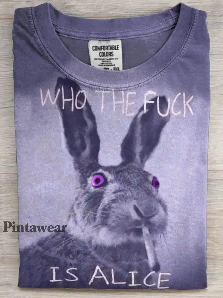 Funny Text Bunny Smoking Print Camiseta de manga corta casual púrpura / S