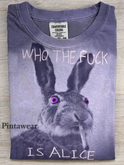 Funny Text Bunny Smoking Print Camiseta de manga corta casual púrpura / S