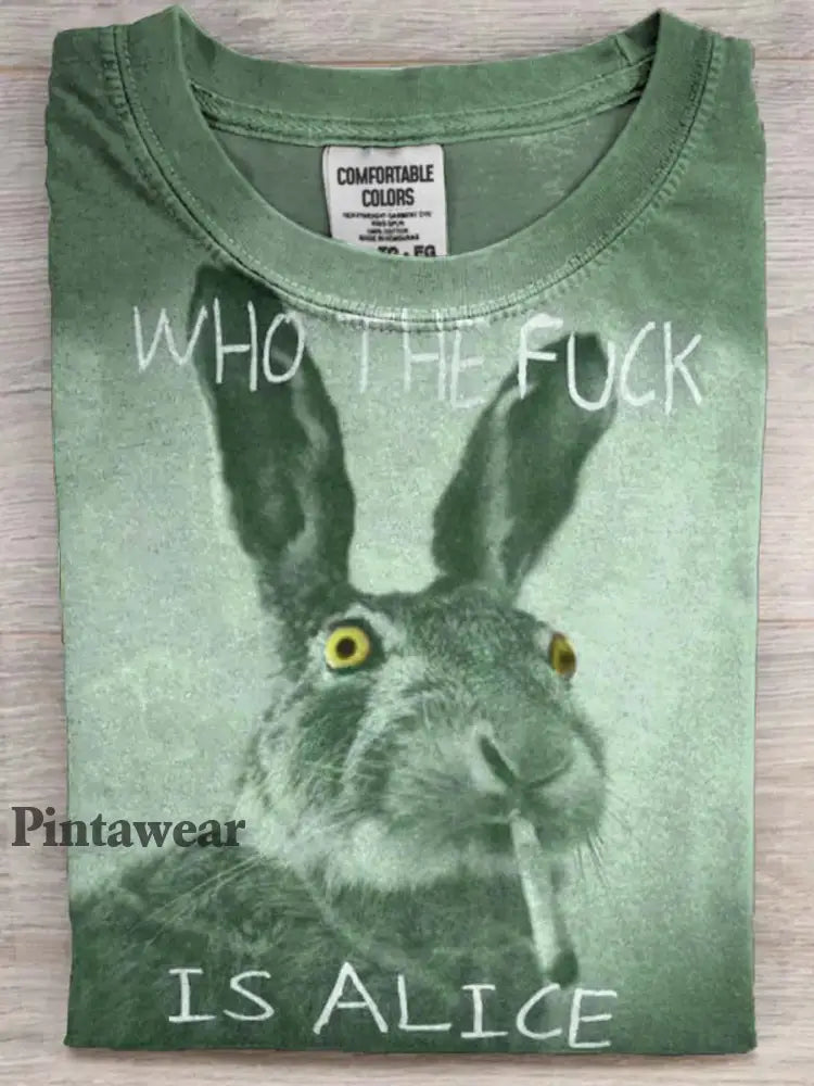 Funny Text Bunny Smoking Print Camiseta de manga corta casual verde / S