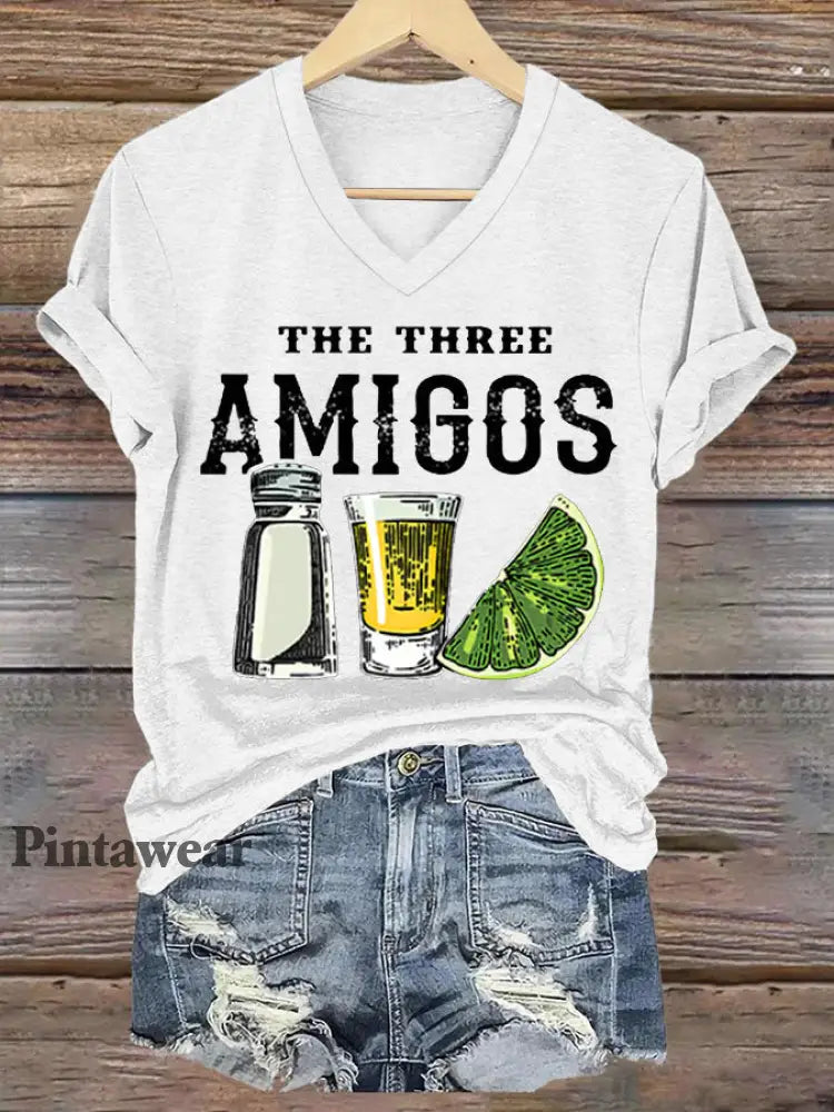 Funny The Three Amigos Cinco De Mayo para mujer camiseta casual con cuello en V Blanco / S