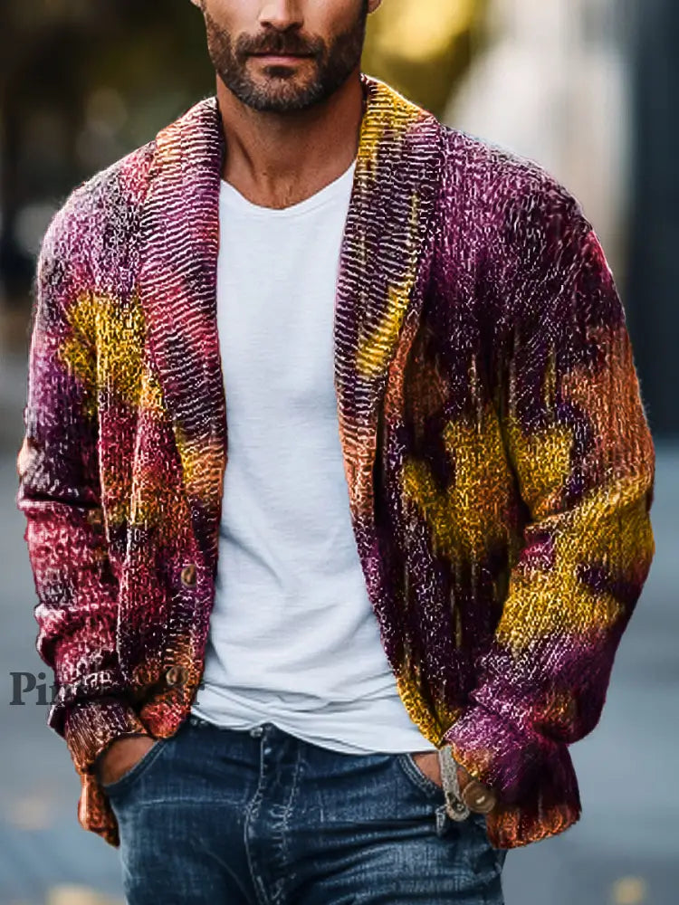 Gentleman Vintage Abstract Floral Art Print Lapel Pocket Knit Cardigan Chaqueta de punto colorido / S Cardigan