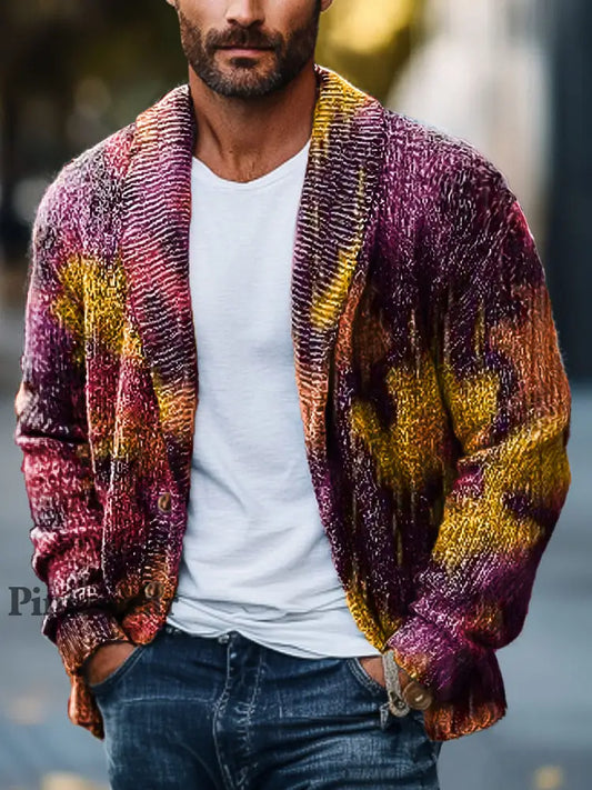 Gentleman Vintage Abstract Floral Art Print Lapel Pocket Knit Cardigan Chaqueta de punto colorido / S Cardigan