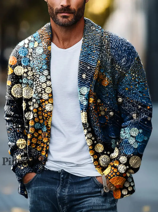 Gentleman Vintage colorido punto arte impresión solapa bolsillo punto Cardigan colorido / S Cardigan