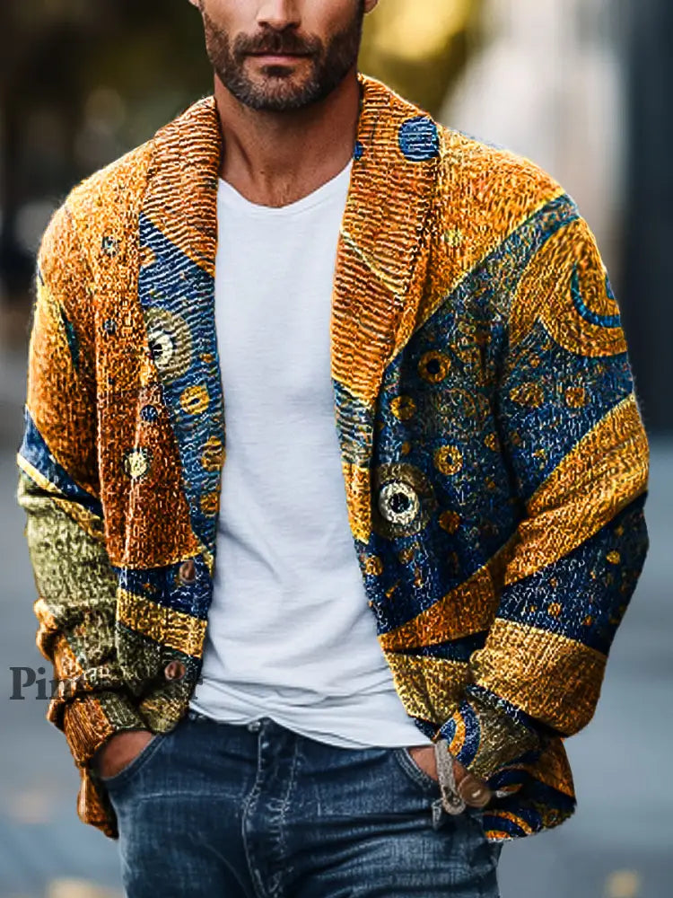 Gentleman Vintage Irregular Abstract Art Print Lapel Pocket Knit Cardigan colorido / S Cardigan