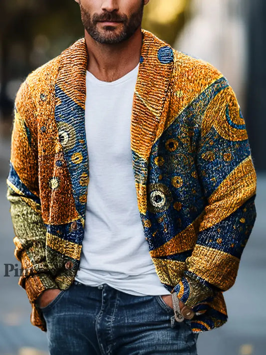 Gentleman Vintage Irregular Abstract Art Print Lapel Pocket Knit Cardigan colorido / S Cardigan