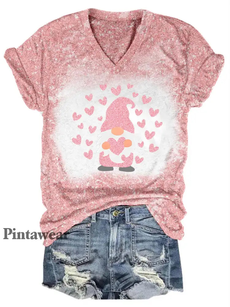 Glitter Gnome Heart V-Neck T-Shirt Pink / S Día de San Valentín