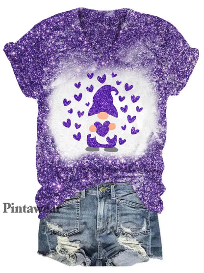 Glitter Gnome Heart V-Neck T-Shirt Purple / S Día de San Valentín
