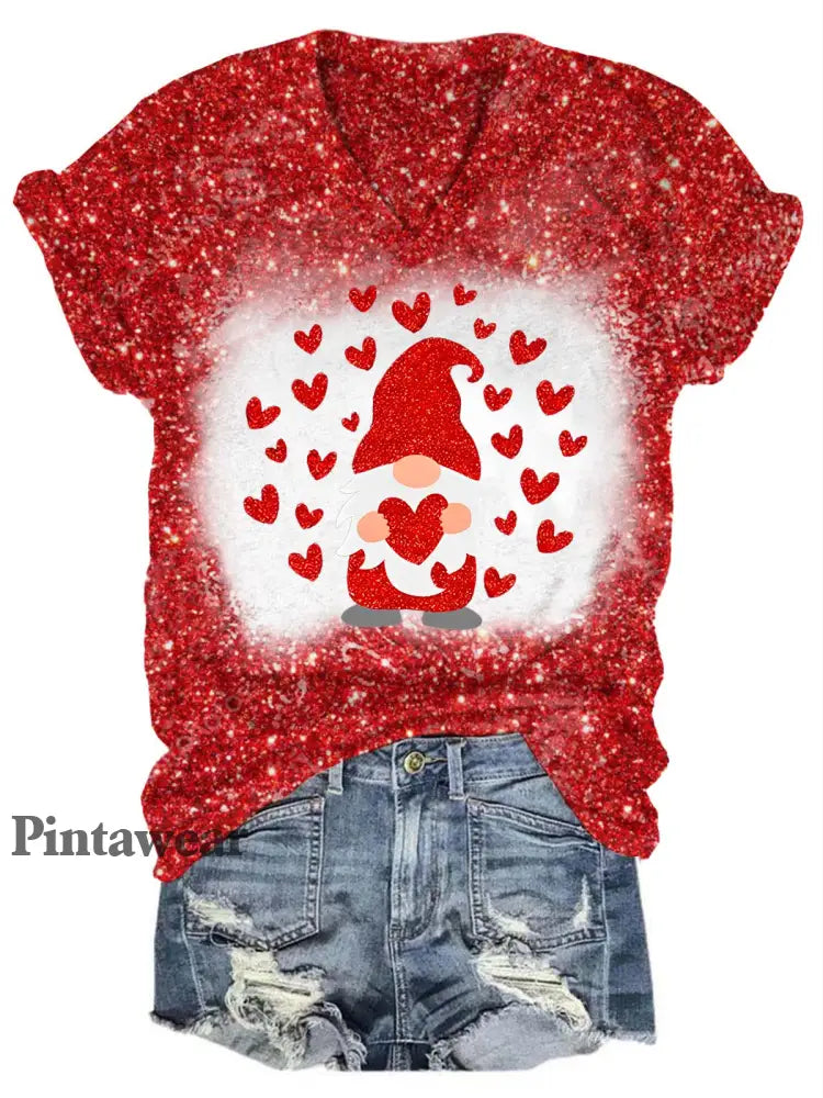Glitter Gnome Heart V-Neck T-Shirt Red / S Día de San Valentín